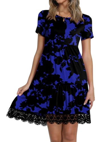 Image of TAOHUADAO Women's Summer Casual Tshirt Dresses Short Sleeve Ruffle Swing Lace Hem Dress with Pockets