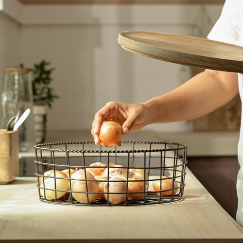 Image of Ellementry Twine Metal Wire Kitchen Vegetable Storage Basket with Wooden Lid, Fruit Basket for Pantry, Countertop Multi-Functional Fruit & Vegetable Organizer for Home & Kitchen Decor