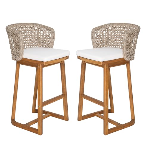 Juego de 4 taburetes de bar para exteriores Christopher Knight Home, con estructura de madera de acacia acabado teca, respaldo de mimbre color marrón claro y cojín beige, altura barra, para isla de cocina o patio miniatura 7