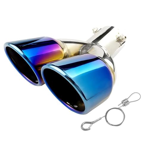 srasakan 車用 マフラーカッター 下向き式 2本出し 口径2.5インチ 落下防止ワイヤー付き エキゾーストチップ 斜めカット ステンレス製 排気管 マフラー パイプ テールパイプ 外装 パーツ カスタム 大型車 軽自動車 取付直径38-53mmに対応 ブルー