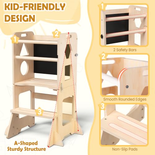 Image of Toddler Standing Tower with Anti-Fall Buckle, 4-in-1 Anti-Slip Toddler Kitchen Step Stool with Blackboard, Foldable Wooden Kitchen Stool Helper for Kids, 1-3 Year Old Boy Girl Gifts.Nature