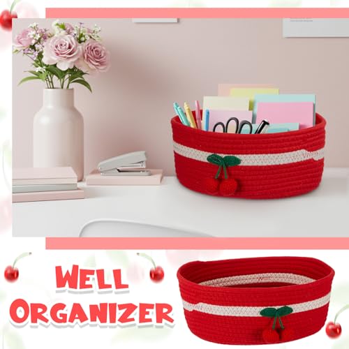 Image of Honeydak 2 Pcs Cherry Basket with Handles Easter Gift Red Decorative Cotton Rope Woven Basket with Gift Bag Ribbon Cute Oval Organizer Cherry Bathroom Decor for Nursery Pet Closet Shelf, 12 inchx 8 inchx 5 inch