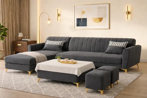 Image of Adorn India Premium Luster 8 Seater L Shape Sofa Set with 2 Puffy & 1 Center Table | Velvet Suede Fabric | 3-Year Warranty | LHS | Dark Grey with Golden Legs & Striped Pattern Cushion