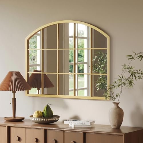 Image of Uniclinens Window Arched Wall Mirror - Gold Window Pane Mirror Decor with Metal Frame, Farmhouse Ideal Decor for Entryway, Bedroom, Living Room, Bathroom 32 inchX24 inch