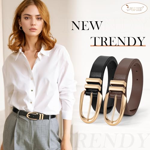 JASGOOD Plus Size Women Leather Belt Black Casual Waist Belt for Jeans Pants with Gold/Silver Buckle 2 Pack2