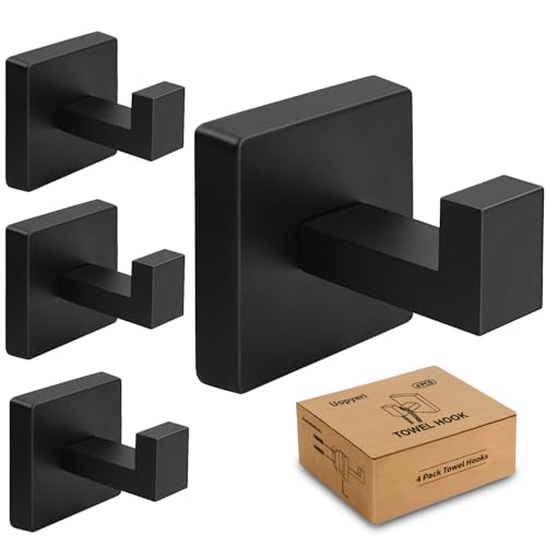 Uopyeri 4 Pack Matte Black Towel Hooks for Bathroom, Heavy Duty 33lb Stainless Steel Wall Hooks, Modern Square Robe Hook Screw Mounted for Hanging Coats, Hats, Bags, Rustproof Hardware