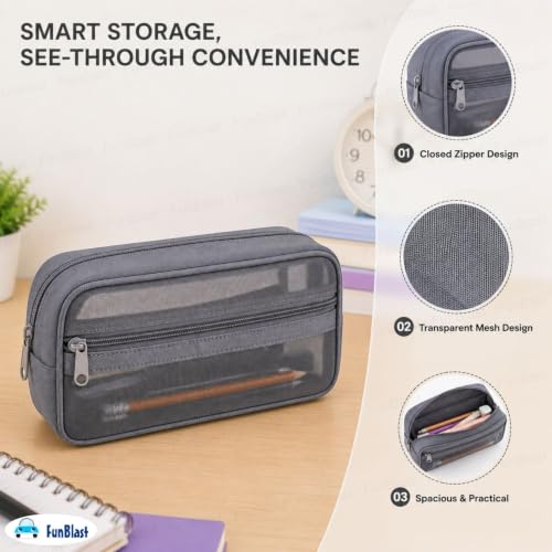 Image of FunBlast Mesh Pencil Case with Smooth Zipper, Single Layer Multi-Purpose Stationary & Pen Pouch for Boys & Girls, Transparent Stationary Bag, Organizer Pouch for Student (Grey-E)