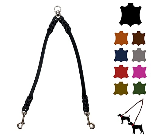 Hundeleine Doppelleine für 2 Hunde / Koppelleine Fettleder / Verbindungsleine kleine Hunde / große Hunde (35cm Breite: 8mm, Schwarz) Cover