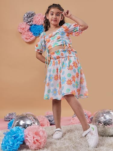 Image of PS PEACHES Girls Polyester Square Neck Half Sleeves White Skirts Set