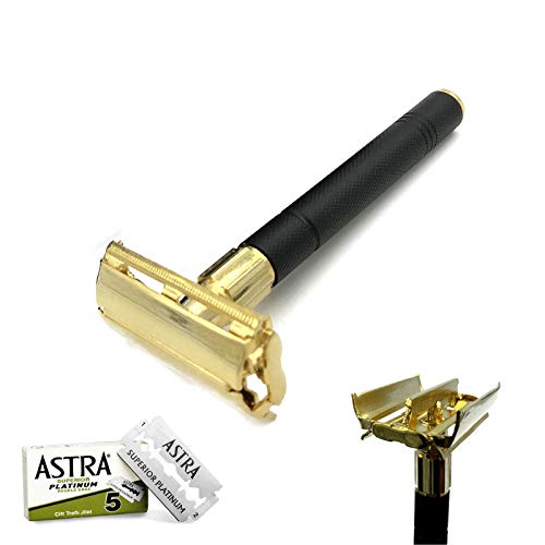 Twist Open Butterfly Safety Razor & 5 Double Edge Blades Classic Shaving Vintage 4" LONG HANDLE DOUBLE EDGE BUTTERFLY SAFETY RAZOR + SHAVING BLADES BLACK/GOLD Men’s Traditional Reusable Blades