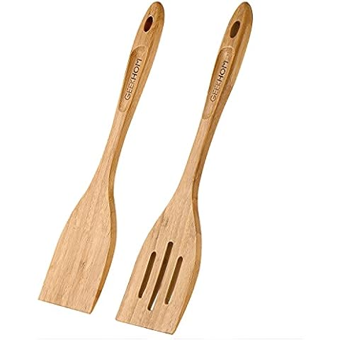 GEEKHOM Bamboo Spatulas for Nonstick Cookware, 13 Inch Wooden Kitchen Utensils, 2 Pack Wooden Spatula for Cooking, Slotted Wok Turners, Flipper for Pancake, Fish, Egg Cover