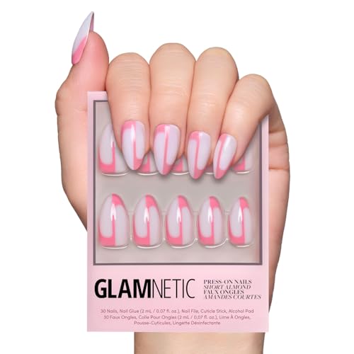 Glamnetic Press On Nails - Better Half Spring Nails | Glossy, Semi-Transparent Short Almond Fake Nails with Pink Accents, Salon Quality | 15 Sizes - 30 Nail Kit with Glue