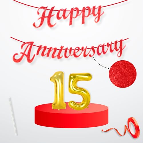 Image of Flyloons 15th Happy Anniversary Banner Red Decorations Kit for Men Women Wedding Anniversary Banner Items without Balloons