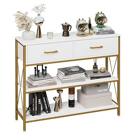 HITHOS Industrial Console Table with Drawers, Vintage Hallway Foyer Table with Storage Shelves, Narrow Long Sofa Entryway Table for Living Room, White/Gold