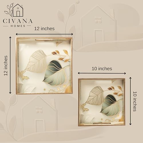 Image of CivanaHomes Wooden Serving Tray with Gold Engraving | Set of 2 | Size : 12 x 12 inch & 10 x 10 inch | Enamel Coated Waterproof | Square Trays | Decorative Trays (White Leaf)