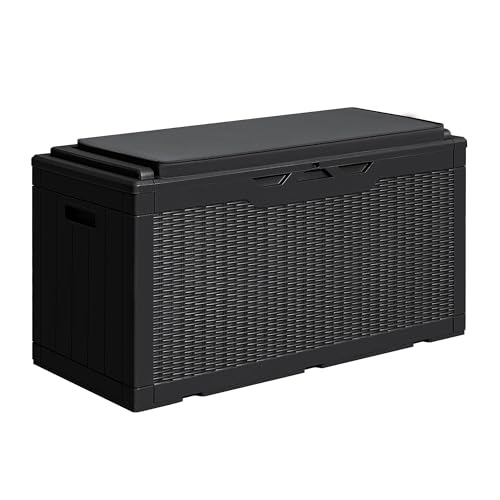 Image of Greesum 100 Gallon Resin Deck Box, Outdoor Storage with Cushion, Black