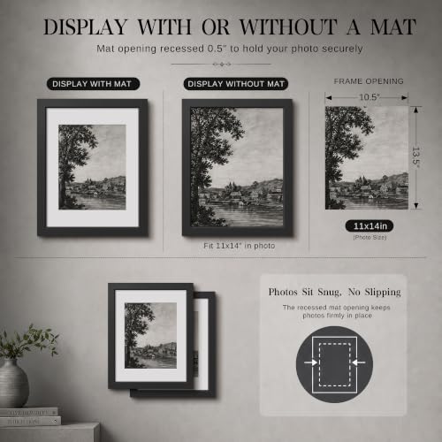 Image of VCK 11x14 Picture Frame with Real Glass, Black Wood, 8x10 Mat, 2 Pack
