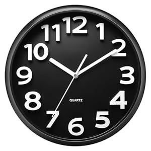 Plumeet 13” Wall Clock, Large Battery Operated Wall Clocks Silent Non-Ticking Quartz, Modern Style Suitable for Bedroom Living Room Office Decor – 3D Numbers Display Easy to Read, Black