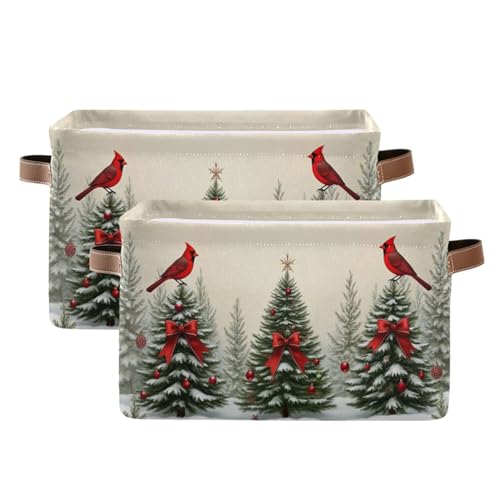 Image of Christmas Tree Cardinals Birds Storage Basket with Waterproof Liner and PU Handles Winter Xmas Tree Bow Storage Bins Boxes 14.2 inch Collapsible Decorative Organizer Baskets for Bedroom Office 2 Pack