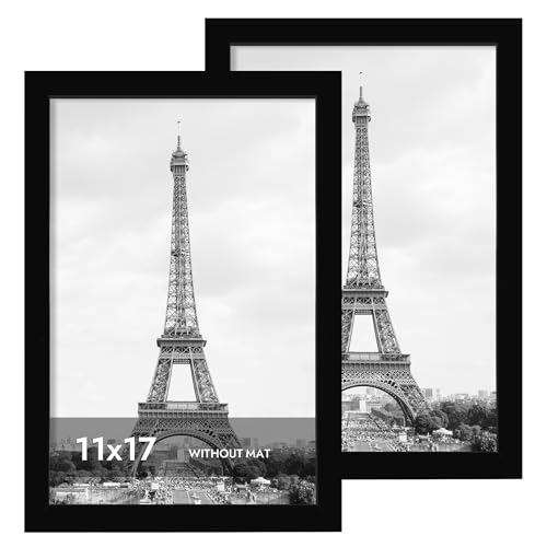 iRahmen 11x17 Picture Frame with Plexiglass - Wooden Poster Frame for Photo Wall Gallery Mounting (Pure Black, Set of 2)
