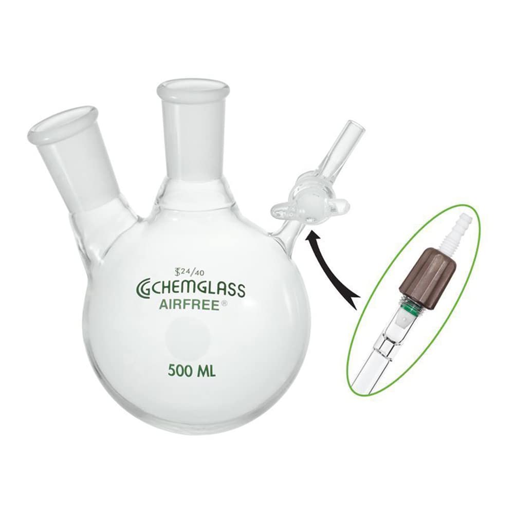Chemglass AF-0530-25, Airfree Schlenk Double Neck Reaction Flask, Round Bottom, 100mL Capacity, 24/40 Outer Joint, 2mm PTFE