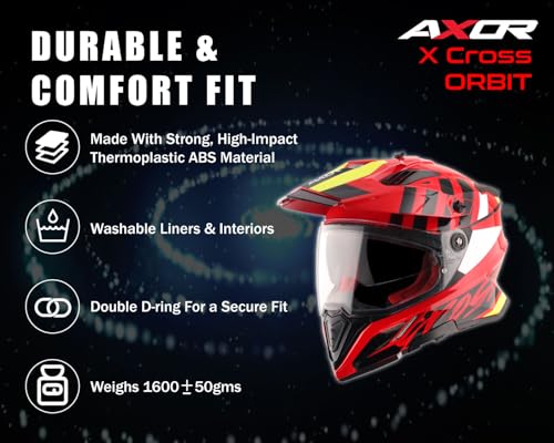 Image of Axor X-Cross Orbit ISI ECE and DOT Certified Premium Off-Road Full Face Helmet with Pinlock Fitted Dual Visors and Stylish Peak-Red Black-L