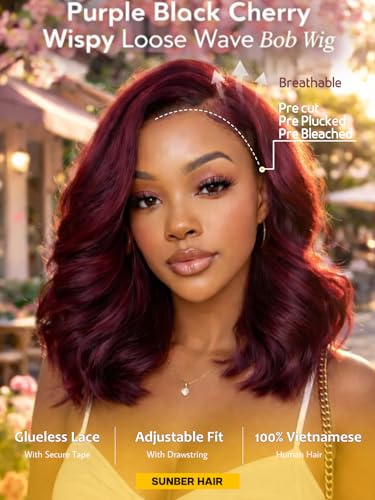 Image of Sunber Black Cherry Body Wave Bob Wig Human Hair Pre Cut 7x5 Glueless Lace Front Drawstring Wig with Curtain Bangs Natural Hairline Bye Bye Knots Pre Plucked Put and Go Wig for Women 12Inch