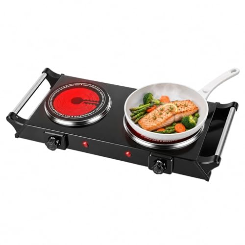 Image of 1800W Electric Double Hot Plates Dual Control Infrared Burner | Ceramic Countertop Cooktop Portable Stove with 5 Temperature Stepless Adjustments Portable Handles for Kitchen RV