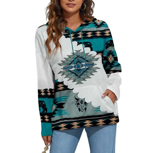 Lanaoree Womens Western Ethnic Print Comfy Hoodie Fashion Long Sleeve Hooded Sweatshirts For Women Small Blue #TOP1