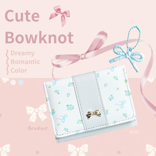 Image of Girls Wallet Cute Bow Coquette Floral Small Kawaii for Women Aesthetic ID Window for Ladies (Blue)
