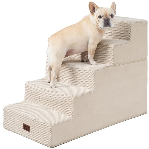 Image of EHEYCIGA Dog Stairs for High Bed 25 inch H, 5-Step Extra Wide Dog Steps for Bed, Pet Steps for Small Dogs and Cats, Non-Slip Balanced Pet Ramp Indoor, Beige