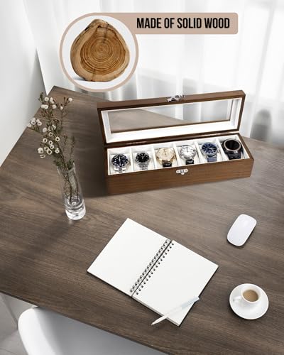 Image of Exper Watch Box, Rustic Brown, 6-Slots, Men Women, Wooden | Large Glass Lid, Display Storage, Watch Case, Organizer