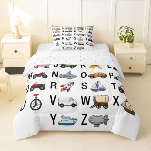 Image of Feelyou Excavator Kids Comforter Fire Truck Police Car Boys Comforter Set Helicopter Motorcycle Ambulance Toddler Bedding Set Alphabet Vehicle Cars Quilt Set Decor with 1 Pillowcase 2Pcs Bedding Twin