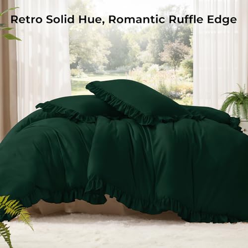 Image of Litanika Dark Emerald Green Full Comforter Set, 3 Pieces Boho Vintage Solid Forest Ruffle Bedding Set, All Season Lightweight Bed Set (79x90In Comforter & 2 Pillowcases)