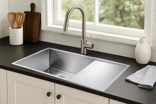 Image of ARQUIN Kitchen Sink Single Bowl With Drain board 37 inchx18 inchx10 Inch 304 grade Stainless Steel Sink for kitchen basin Including Couplings, Waste Pipe & Vegetable Washing Basket Kitchen Basin Sinks