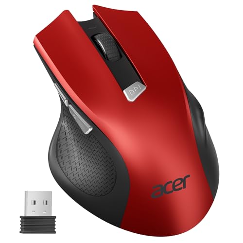 acer Wireless Mouse, 3 Adjustable DPI Ergonomic Computer Mouse 2.4GHz USB Receiver, 6 Buttons, Cordless Optical Tracking, Battery Indicator, Portable Mice Wireless for Laptop, PC, MacBook Pro (Red)