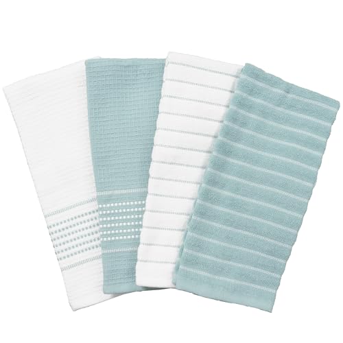 All-Clad Premium Skipping Stripe & Wave Towels: Highly Absorbent, Super Soft Long Lasting 100% Cotton, 17"x28" Kitchen Towels for Cleaning & Drying Dishes, Pans, Glassware, 4-Pack, Rainfall