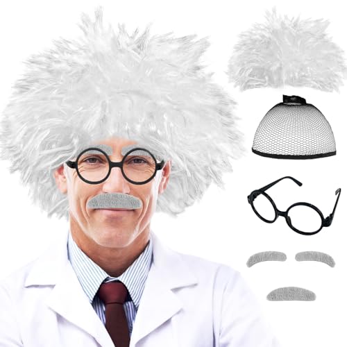 Rrshnsgv 6 PCS Old Man Mad Scientist Wig Set Crazy Physicist Costume Dressing Up Grandpa for Kids 100th Day of School Cosplay Party With Eyebrows Mustache Glasses