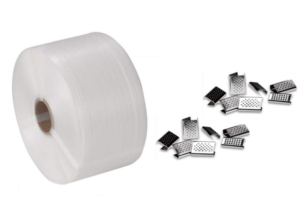 REGGIA + SIGILLI Reggetta polipropilene manuale 12x0,7 mm 1000mt x 1 bobina bianca .Foro 62mm.+ BOX da 250 sigilli bulinati 13x0,5 (5/10)