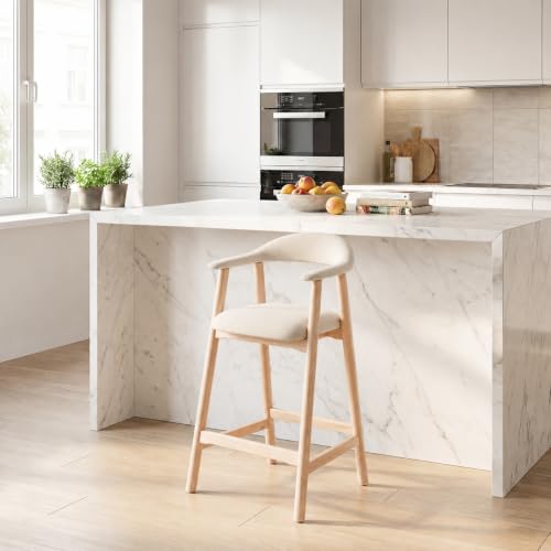 Image of 26 inch Bar Stool, Upholstered Counter Stool, Modern Linen Counter Height Bar Chairs with Backs and Arms, Wood Legs and Footrest, for Kitchen Counter, Island, Dining Room, Beige