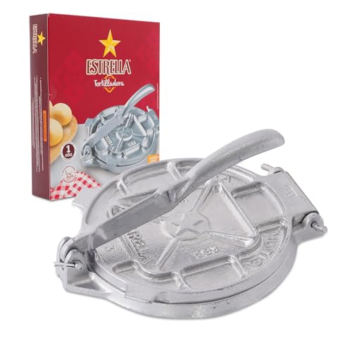 Estrella (7.5 inch) Cast Iron Tortilla Press and Tostonera, Perfect for Mexican Food, Tortillas, Burritos, Quesadillas, Empanadas, and Sopes, Prensa Para Tortillas, Silver Finish