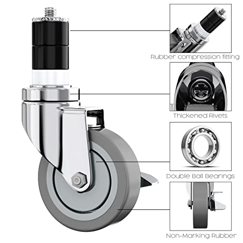 Houseables Kitchen Table Caster Wheel, 4 Pk, 4 Inch, Grey, Polyurethane, 300 Lb Load Capacity Per Wheel, With Locking Mechanism, Adjustable, Swivel, Expanding Stem Caster, Furniture, Hardwood Floor #TOP2