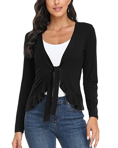 andy & natalie Women's Ruffled Tie Front Cardigan Long Sleeve Open Front Bolero Shrugs2