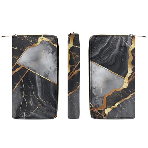 Black Marble Texture Gold Print Long Wallet for Women Men PU Leather Card Holder Organizer with Zipper Coin Pocket & Cash Slots3