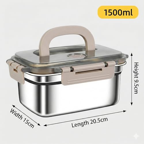 Image of Stainless Steel 1500ml Food Storage Container /Bento Lunch Box with Airtight Lid & Handle | Leakproof, Fridge & Freezer Safe Meal Prep Container for Fruits, Vegetables, Meat & Leftovers