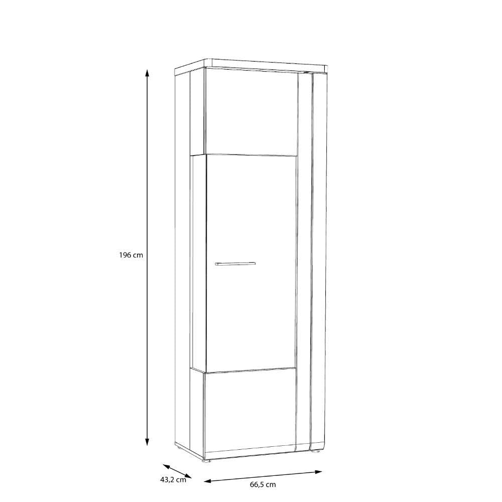 FORTE Tuluza Vitrine mit 1 Glastür, Holzwerkstoff, Weiß kombiniert mit Artisan Eiche und Weiß Glanz, 66,5 x 196 x 43,2 cm