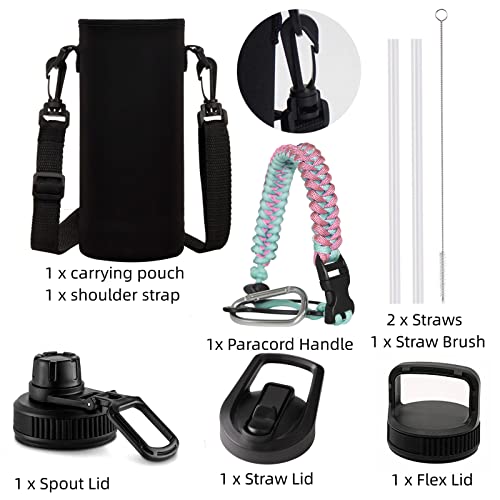 Vacuum Insulated Water Bottle With Straw, Paracord Handle & 3 Lids, Carrying Pouch Bpa Free Double Wall Stainless Steel Wide Mouth Water Jug, Leakproof Keep & Cold Hot Sports Flask (32Oz Pink/Blue) #TOP1
