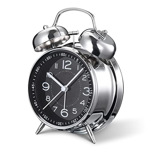 Loud Alarm Clock for Heavy Sleepers Adults Retro 4 Inch Silent Non-Ticking Quartz with Backlight Twin Bell Analog Kids Alarm Clocks for Bedrooms Bedside (Black)