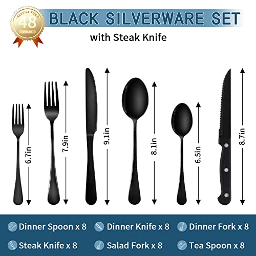 48-Piece Black Silverware Set For 8 With Steak Knives, Black Utensils Stainless Steel Flatware Set With Fork/Spoon/Knife, Food-Grade Cutlery Set, Mirror Finished, Dishwasher Safe #TOP1
