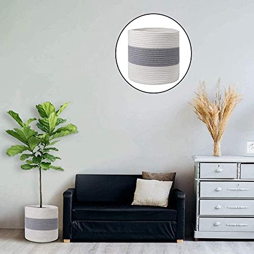 NUYYR Cotton Braided Baskets, Cotton Rope Plant Basket, Household Storage Basket, Woven Flower Pots, White and Gray Sturdy Cotton Plant Pot With Handle for Indoor Versatile Storage Containers, 20cm
